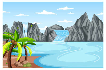 Nature landscape at daytime scene with waterfall  illustrationのイラスト素材