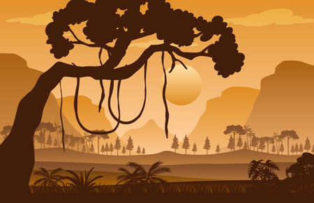 Silhouette forest landscape at sunset illustrationのイラスト素材