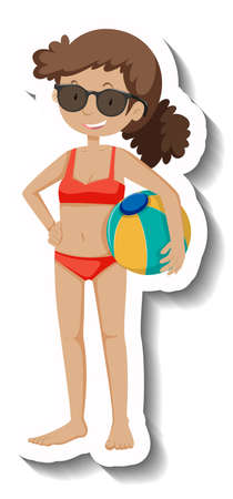 A girl wearing red bikini and holding beach ball illustrationのイラスト素材