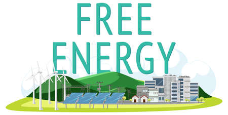 Free energy generated by wind turbine and solar panel illustrationのイラスト素材