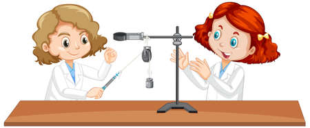 Girl students experiment on force and motion with pulley  illustrationのイラスト素材