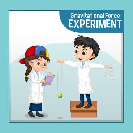 Gravitational force experiment with scientist kids cartoon character illustrationのイラスト素材
