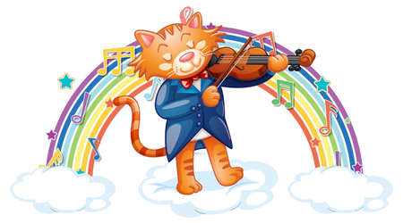Cat playing violin with melody symbols on rainbow illustrationのイラスト素材
