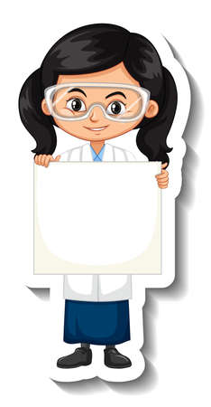 Cartoon character sticker with a girl in science gown holding empty banner illustrationのイラスト素材