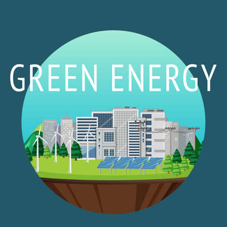 Green energy generated by wind turbine and solar panel illustrationのイラスト素材