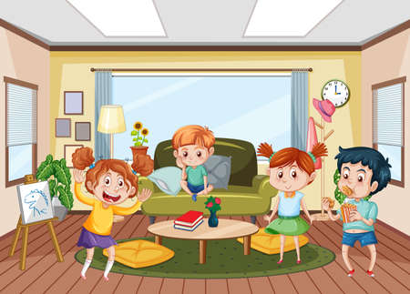 Interior of living room with children illustrationのイラスト素材