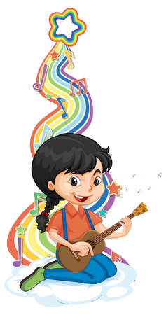 Girl playing guitar with melody symbols on rainbow wave illustrationのイラスト素材