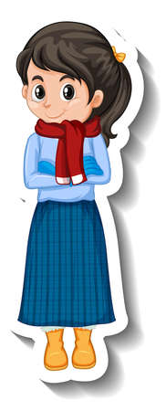 A girl wearing winter outfit cartoon sticker illustrationのイラスト素材