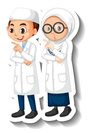 Scientist muslim couple kids cartoon character sticker illustrationのイラスト素材