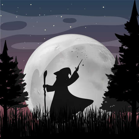 Halloween night background with wizard silhouette illustrationのイラスト素材