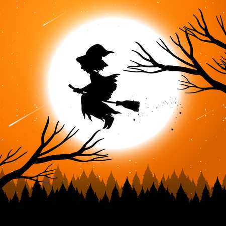 Halloween night background with witch silhouette illustrationのイラスト素材