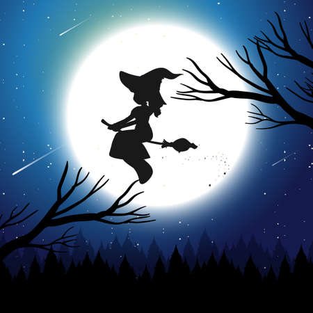 Halloween night background with witch silhouette illustrationのイラスト素材