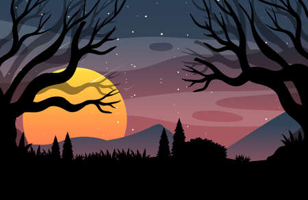 Spooky forest night background with full moon illustrationのイラスト素材