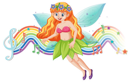 Cute fairy cartoon character with melody rainbow wave illustrationのイラスト素材