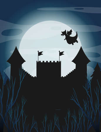 Silhouette castle with full moon background illustrationのイラスト素材