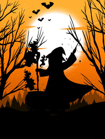 Halloween night background with witch silhouette illustrationのイラスト素材