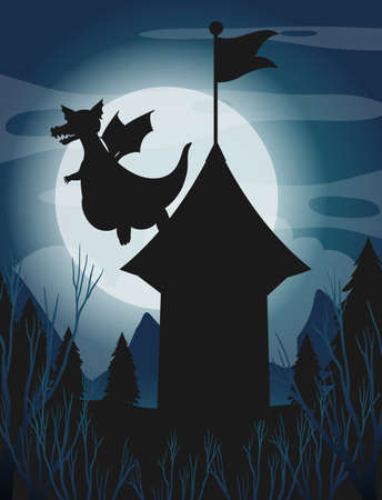 Silhouette castle and dragon with full moon background illustrationのイラスト素材