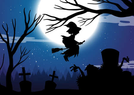 Halloween night background with witch silhouette illustrationのイラスト素材
