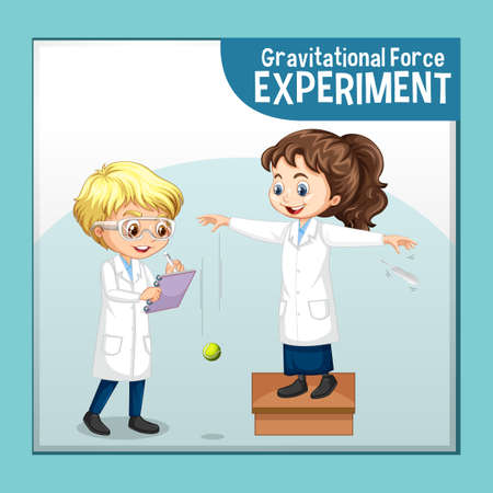 Gravitational force experiment with scientist kids cartoon character illustrationのイラスト素材