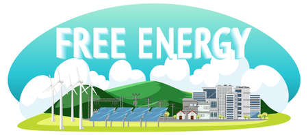 Green energy generated by wind turbine and solar panel illustrationのイラスト素材