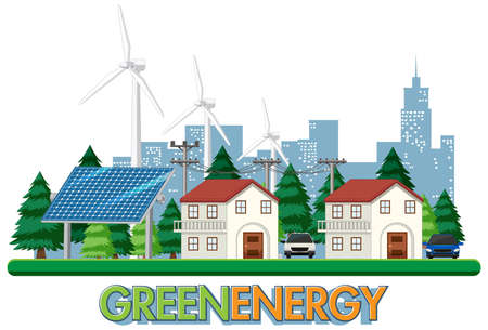 Green energy generated by wind turbine and solar panel illustrationのイラスト素材
