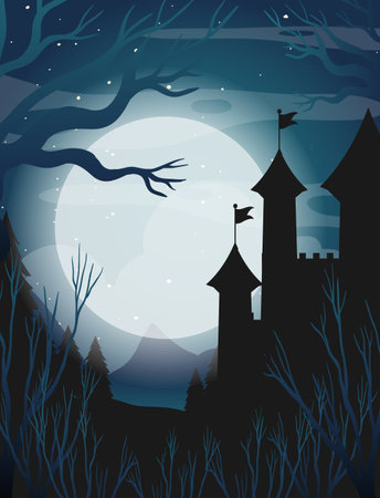 Scene with castle forest silhouette and full moon illustrationのイラスト素材