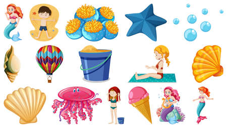 Set of summer beach objects and cartoon characters illustrationのイラスト素材
