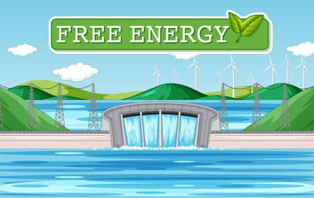 Hydro Power Plants generate electricity with free energy banner illustrationのイラスト素材