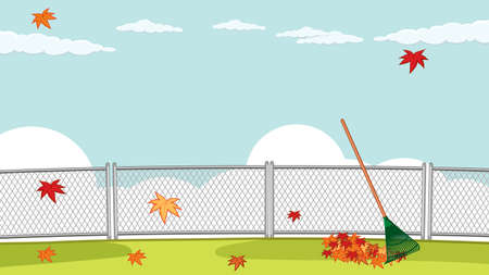 Thumbnail design with autumn leaves and rake illustrationのイラスト素材