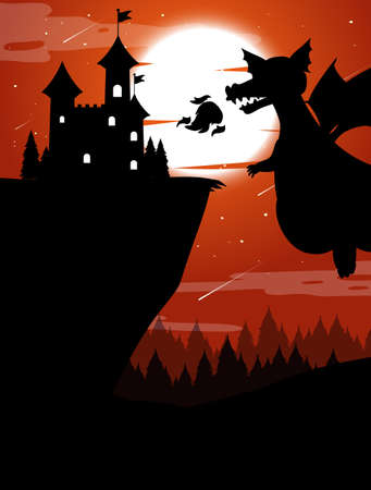 Silhouette castle and dragon with full moon background illustrationのイラスト素材