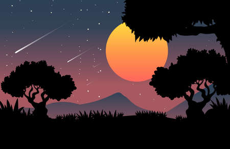 Spooky night forest background with full moon illustrationのイラスト素材