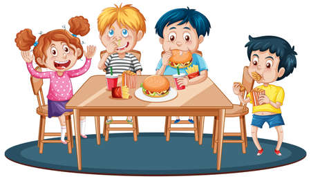 Happy children having meal together illustrationのイラスト素材