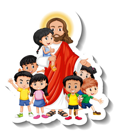 Jesus Christ with children group sticker on white background illustrationのイラスト素材