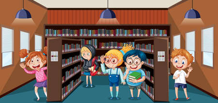 School library scene with happy children illustrationのイラスト素材