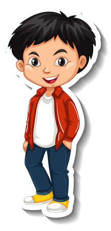 An Asian boy wears red jacket cartoon character sticker illustrationのイラスト素材