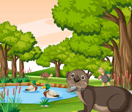 River in the forest with cute otter and ducks illustrationのイラスト素材
