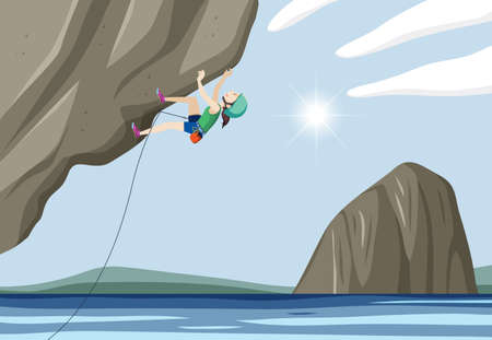 People doing outdoor rock climbing with beautiful view illustrationのイラスト素材