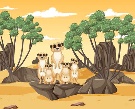 Meerkat family in the desert forest illustrationのイラスト素材