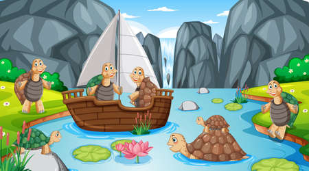 River in the forest scene with tortoises on a sailboat illustrationのイラスト素材