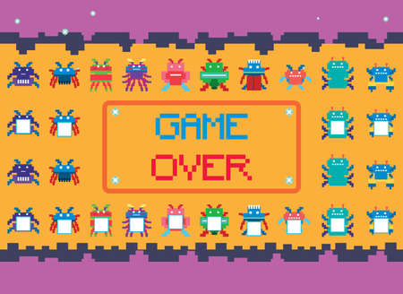 Pixel space game interface with game over button illustration