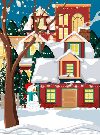 Christmas winter scene with snow covered house illustrationのイラスト素材