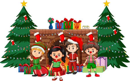 Happy children celebrating Christmas on white background illustrationのイラスト素材