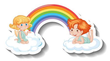 Two little cupids on rainbow in cartoon style illustrationのイラスト素材