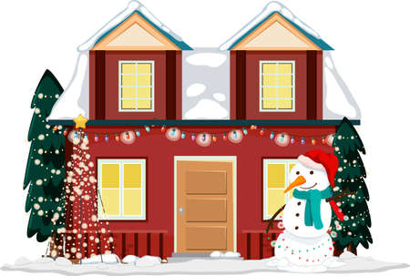 Snow covered house with Christmas light string and snowman illustrationのイラスト素材