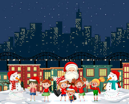 Christmas winter scene with happy children illustrationのイラスト素材
