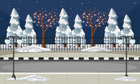 Snow covered pine trees and street in the city illustrationのイラスト素材