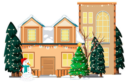 Snow covered house building with Christmas light string illustrationのイラスト素材