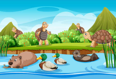 River in the forest with wild animals illustrationのイラスト素材