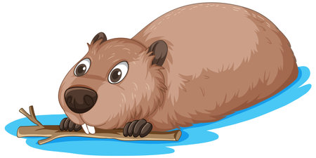A beaver holding a wood stick in the water illustrationのイラスト素材