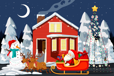 Christmas winter scene with Santa Claus on sledge illustrationのイラスト素材